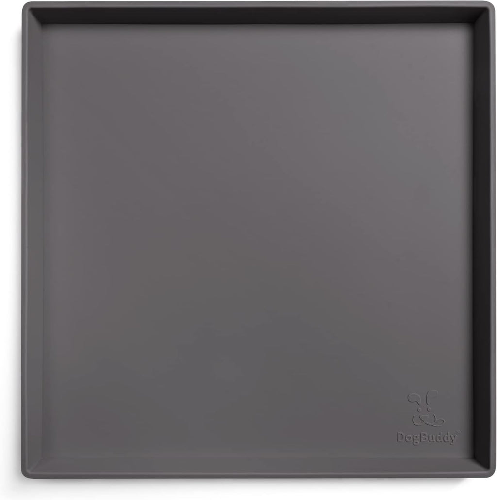 DogBuddy Dog Food Mat – Waterproof Dog Bowl Mat for Food and Water, Silicone Pet Feeding Mats For Floors, Non-Slip Placemat with High Edges For Dogs Bowls, Puppy Essentials (XS: 11" x 11", Shadow