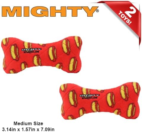 MIGHTY- NO Stuff Bone– Squeaky Plastic Core. 2-in-1 Toy. Made Durable, Strong & Tough. Interactive Play Dog Toy (Tug, Toss & Fetch). It Floats. (Red, Medium 2 Pack)