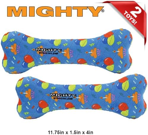 MIGHTY- NO Stuff Bone– Squeaky Plastic Core. 2-in-1 Toy. Made Durable, Strong & Tough. Interactive Play Dog Toy (Tug, Toss & Fetch). It Floats. (Celebration, Large 2 Pack)