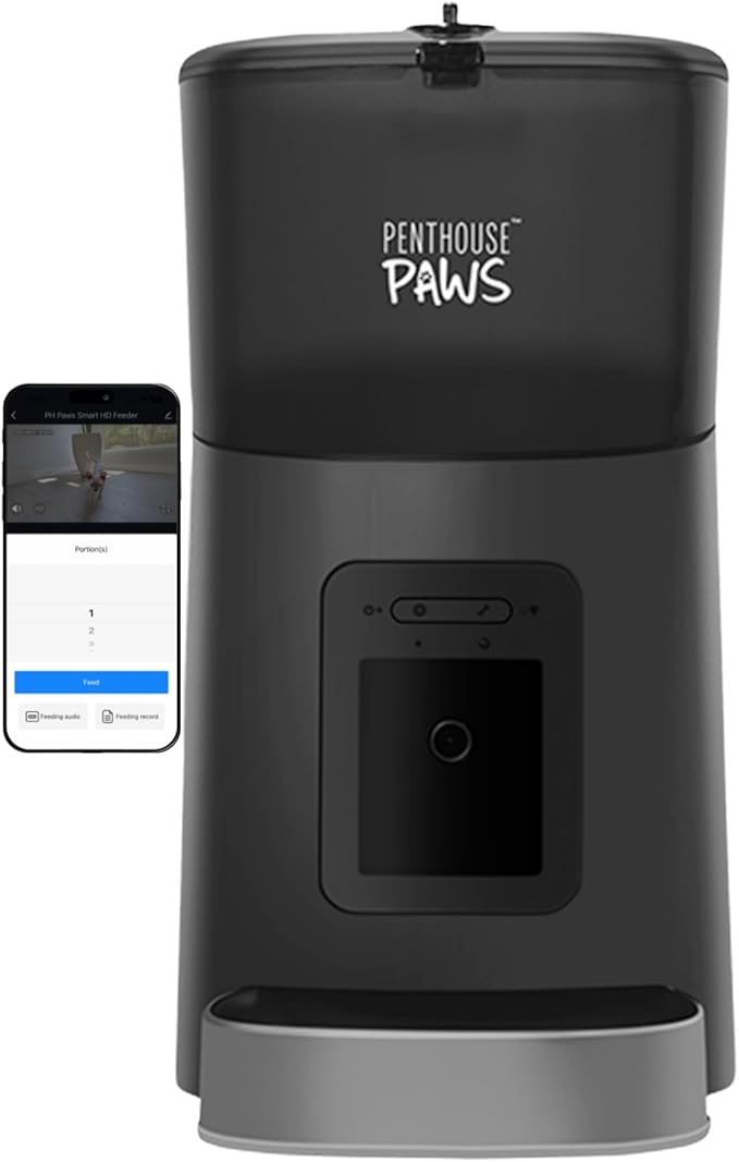 Smart HD Automatic Cat Feeder with 1080P Camera & Night Vision, 2-Way Audio, WiFi App Control, Anti-Jam 6L Cat Feeder with Backup Power, Easy to Clean, Up to 15 Meals for Cat & Dog, Black Stainless