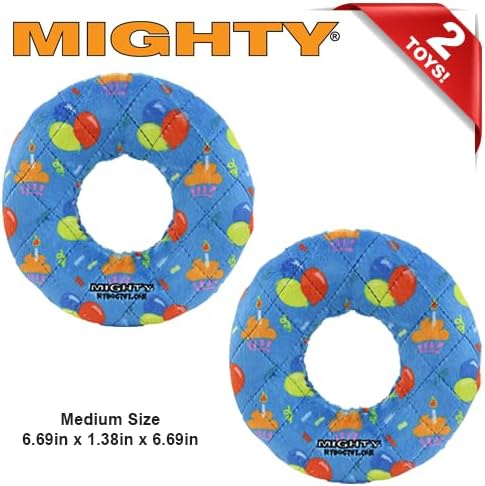 MIGHTY- NO Stuff Ring - Squeaky Plastic Core. 2-in-1 Toy. Made Durable, Strong & Tough. Interactive Play (Tug, Toss & Fetch). It Floats (Celebration, Medium 2 Pack)