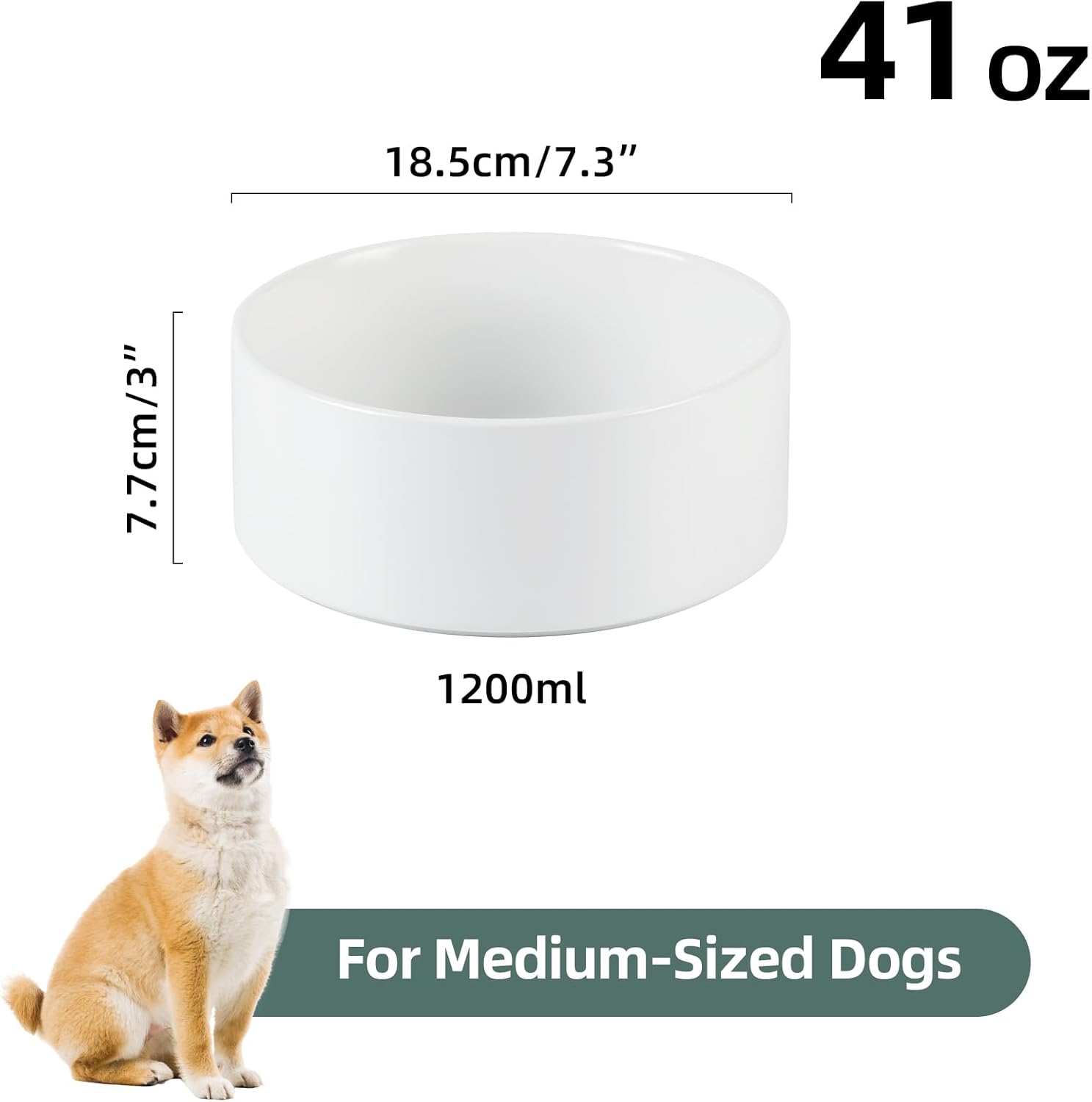 Ceramic Dog Bowl, Food and Water Bowl for Medium Breed Dog, Pet Bowl for Replacement (7.3 inch, Single Bowl, White)