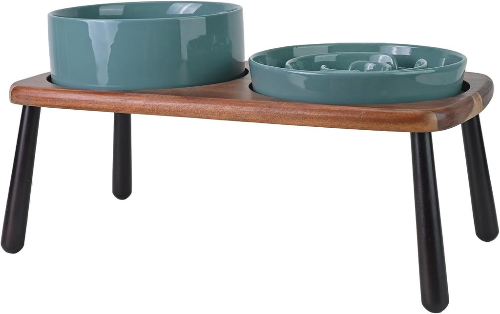 SPUNKYJUNKY Ceramic Elevated Dog Bowls with Slow Feeder Raised Acacia Bamboo Wooden Stand, 8.3'' Dog Food Water Bowls Set Non-Slip for Medium Large Sized Breed Microwave Dishwasher Safe - Dark Green