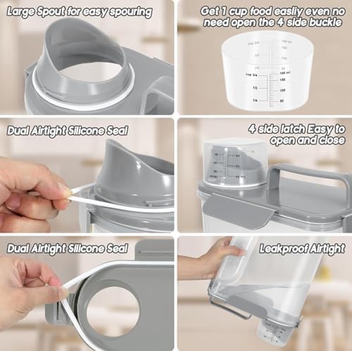 10-20Lbs Portable Cat Dog Food Storage Container with Upgraded Large Spout and Cup Dispenser for Small Large Animal Kibble, Pet Bird snack, Oatmeal, Rice, Flour, Brown Sugar-3 Pack Purple Gray Green