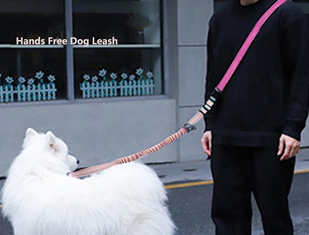 Hands Free Dog Leash for Large Medium Dogs Heavy Duty Bungee Reflective Adjustable Waist Leashes for Walking Running with Car Buckle 4-6FT (Rose)