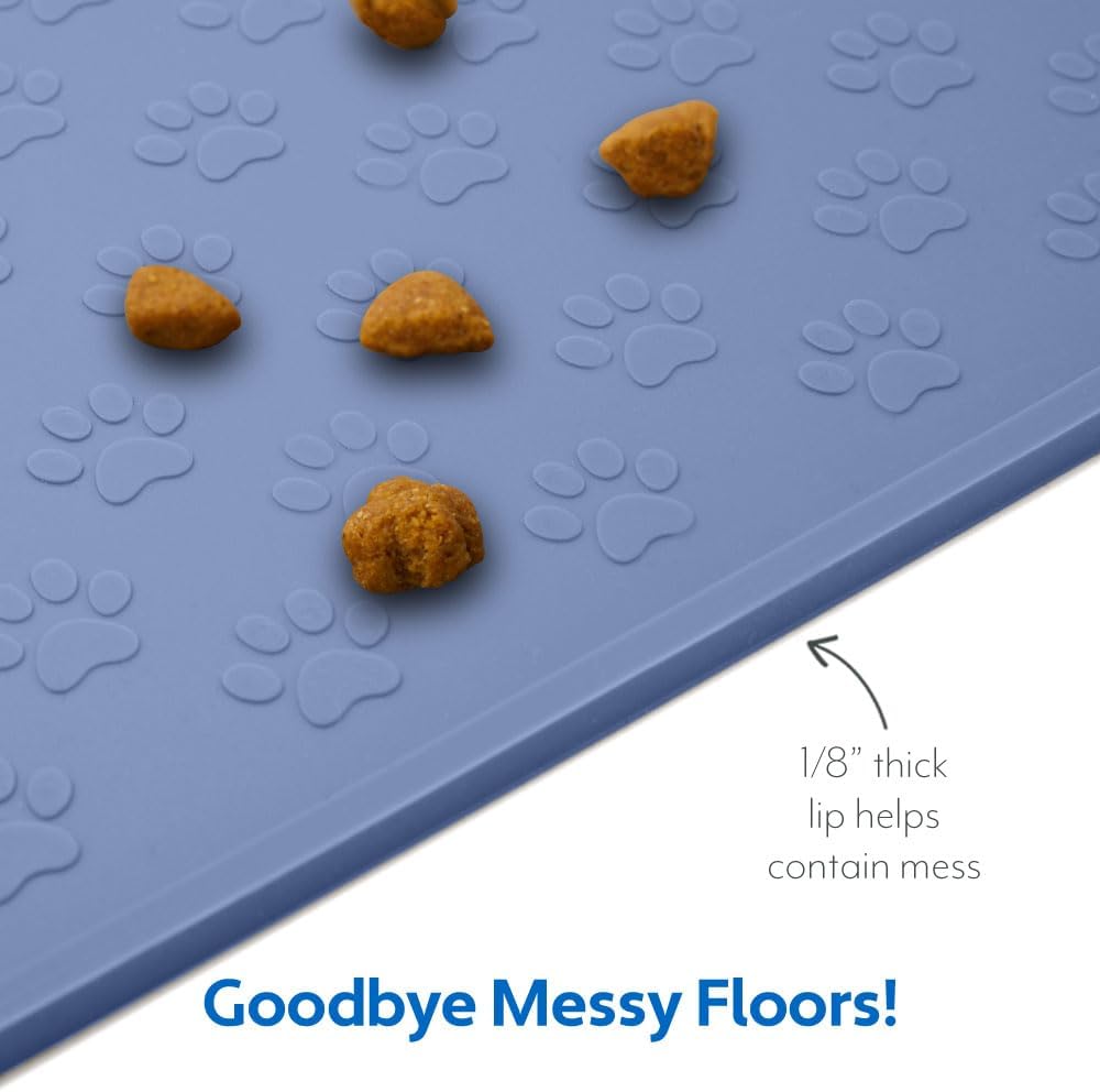 MIGHTY MONKEY 100% Waterproof Dog Food Mat, Raised Edges Silicone Pet Feeding Placemat for Cat, Dogs, Pet Bowls, High Lipped Tray Prevents Water Spills, Food on Floor, Dishwasher Safe, 24x16, Lt Blue