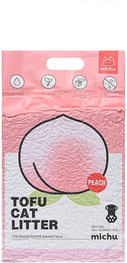 Tofu Cat Litter Natural Clumping Tofu Cat Litter, Fast Clumping and Easily Scoop-able 5.5lb/88oz 5 Scents - Peach, 6 Pack
