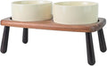 SPUNKYJUNKY Ceramic Elevated Dog Bowls Raised with Acacia Bamboo Wooden Stand, 6.1'' Dog and Cat Food Water Bowls Set Non-Slip for Small Medium Sized Breed Microwave Dishwasher Safe - 28.7 OZ,Beige