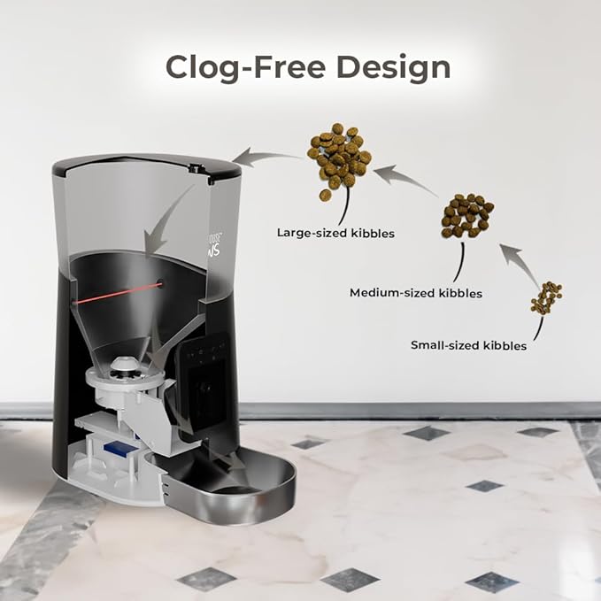 Smart HD Automatic Cat Feeder with 1080P Camera & Night Vision, 2-Way Audio, WiFi App Control, Anti-Jam 6L Cat Feeder with Backup Power, Easy to Clean, Up to 15 Meals for Cat & Dog, Black Stainless