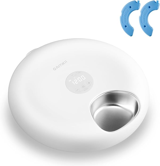 Automatic Cat Feeder for Wet Food, Stainless Steel Tray 6 Meals Dispenser with 2 Ice Packs, Programmable Timer, Rechargeable Cordless Auto Pet Feeder for Cats Small Dogs