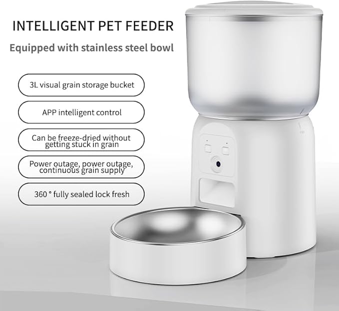 DAWEI Automatic Cat Feeders, 3L Timed Cat Dry Food Dispenser, Dual Power Supply, Programmable Portion Size, Auto Pet Feeder for Cats and Small Dogs