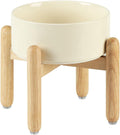 Ceramic 7.3inch Raised Dog Bowl Set, Elevated with Wooden Stand, Food and Water Bowl for Medium Breed Dogs, Weighted Dog Dishes, Pet Feeder(Beige)