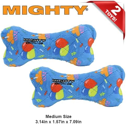 MIGHTY- NO Stuff Bone– Squeaky Plastic Core. 2-in-1 Toy. Made Durable, Strong & Tough. Interactive Play Dog Toy (Tug, Toss & Fetch). It Floats. (Celebration, Medium 2 Pack)