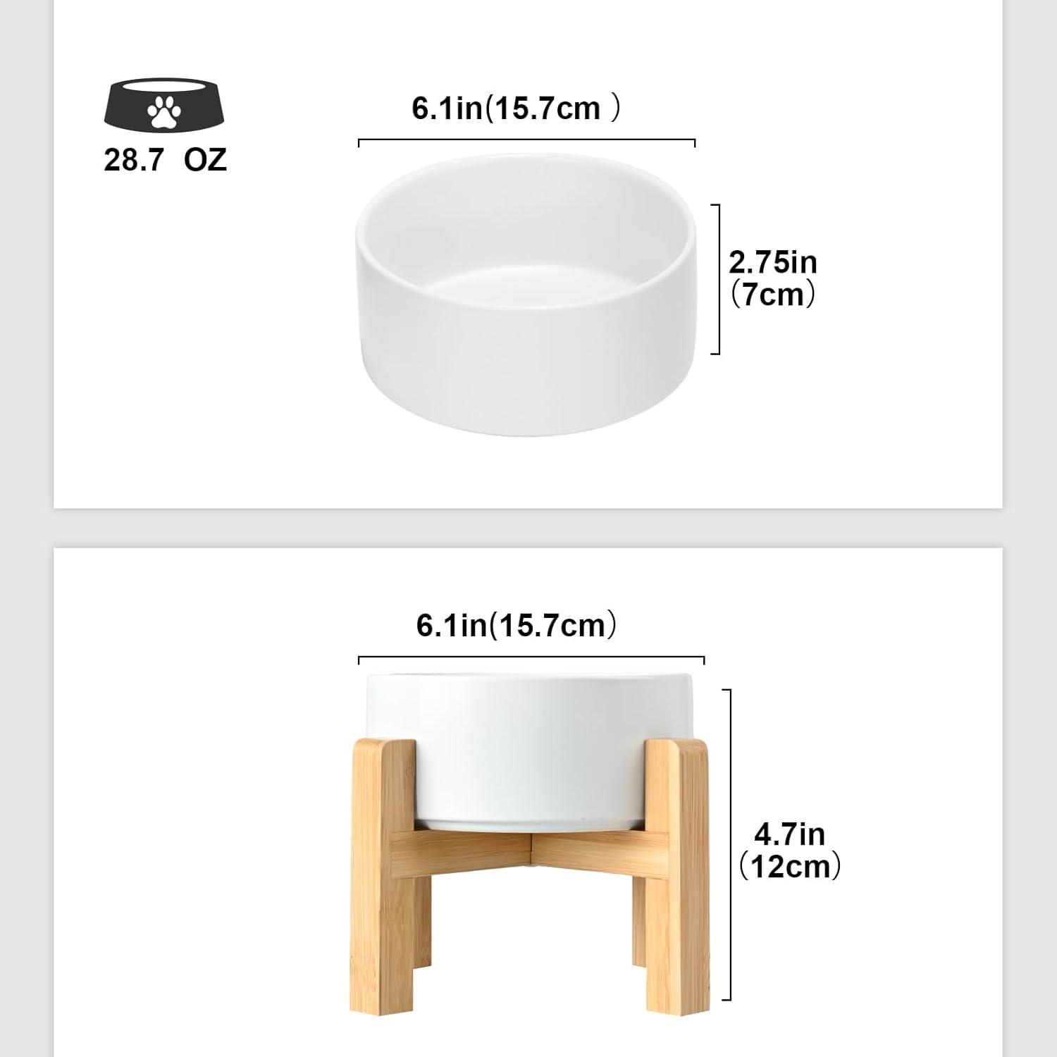 SPUNKYJUNKY Ceramic Elevated Dog Bowls 2 Pack - 6.1inch Raised Dog Bowls with Non-Slip Wooden Stand for Medium Dogs Dishwasher Safe(White,28.7OZ*2)