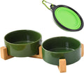 Petygooing Dog Bowls,Ceramic Cat Dog Bowl Set with Wood Stand for Food and Water,Non-Slip Cute Modern Pet Dish for Cats and Small Size Dogs (13.5OZ/5.1 in) Rust Green