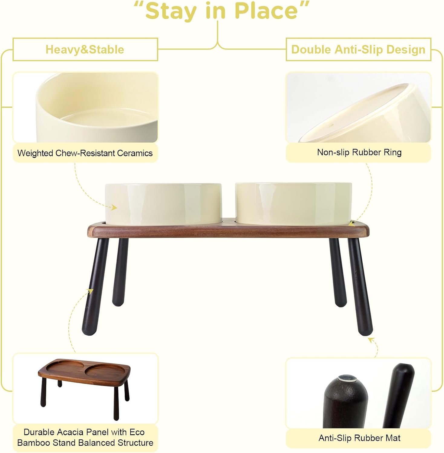 SPUNKYJUNKY Ceramic Elevated Dog Bowls Raised with Acacia Bamboo Wooden Stand, 8.3'' Dog Food Water Bowls Set Non-Slip for Medium Large Sized Breed Microwave Dishwasher Safe - 60 OZ,Beige