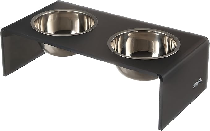 The LICKER Store DBL2000J Keaton 5" Small/Medium Modern Acrylic Rectangular Elevated Pet Feeder with 20oz 2-Stainless Steel Bowls, Dark Gray/Chrome