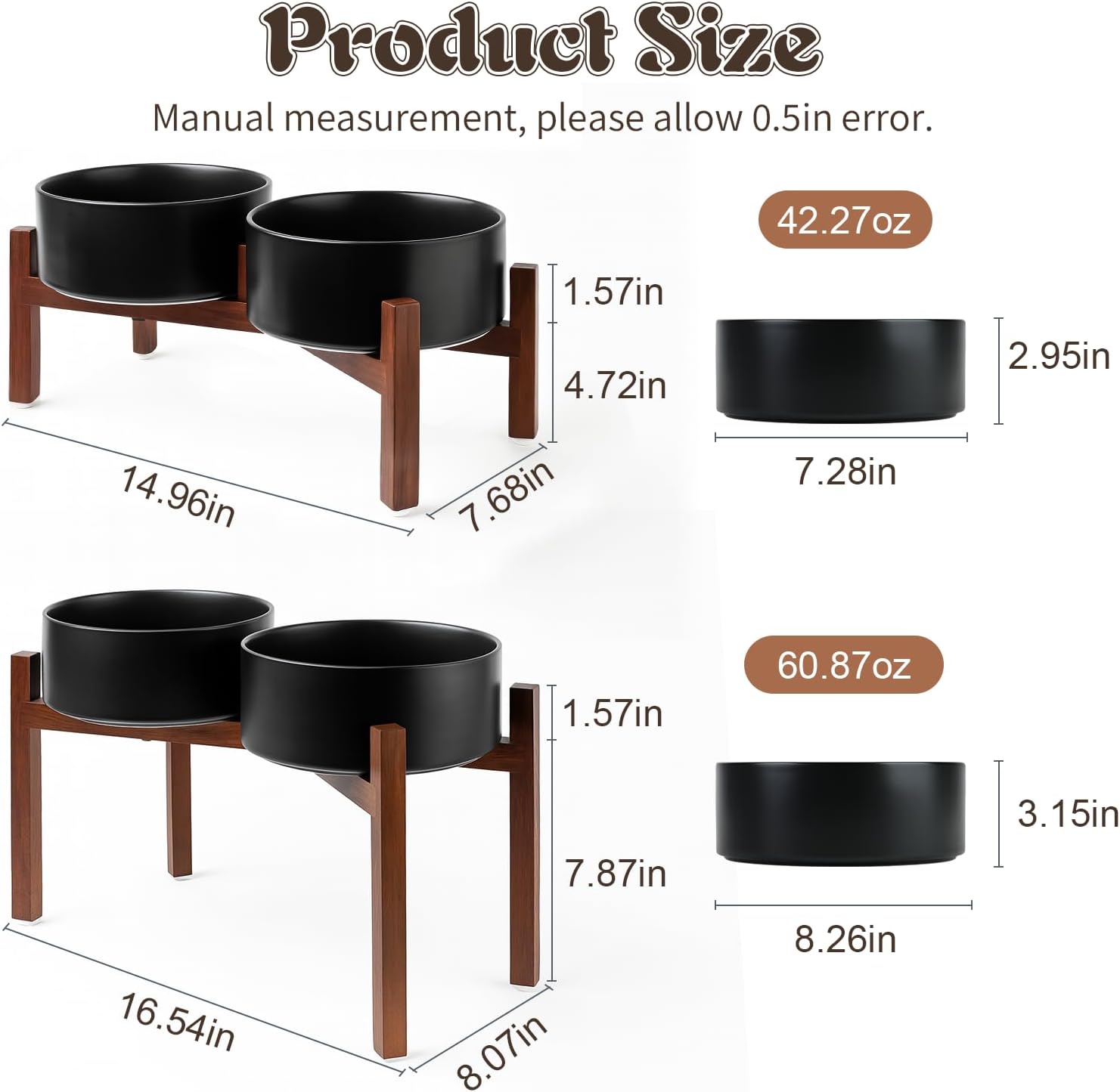 SPUNKYJUNKY Raised Ceramic Dog Bowls Set with Non-Slip Acacia Wood Stand for Large Sized Dog(60.87 OZ, Black)