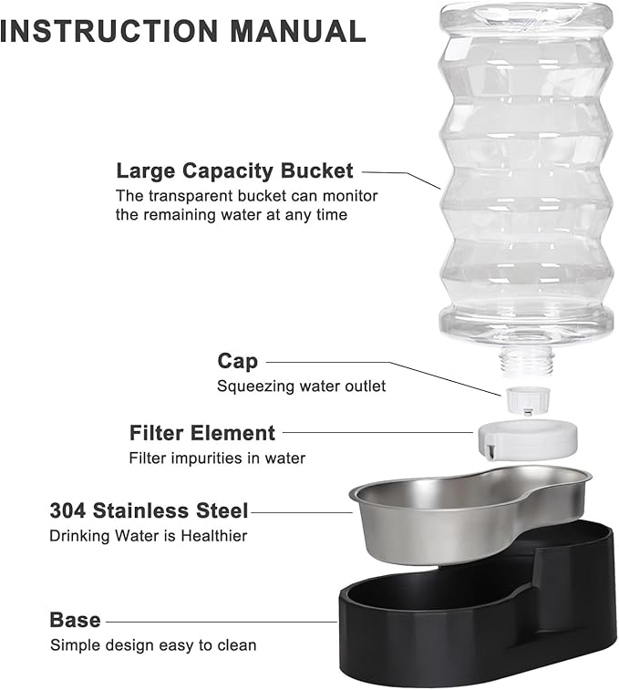 RIZZARI Dog Water Dispenser Bowl: 8L Large Black Stainless Steel Automatic Pet Dispenser with Triple Filter and Specialized Brush - for Senior Dogs with Joint Problems in Garage Garden