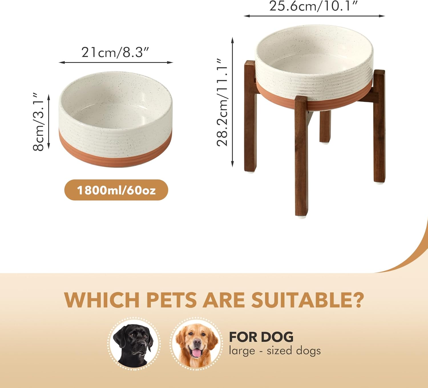 Ceramic 8.2inch Raised Dog Bowl Set, Elevated with Acacia Wood Stand, Food and Water Bowl for Large Breed Dogs, Weighted Pet Dishes(60oz, Vanilla White)