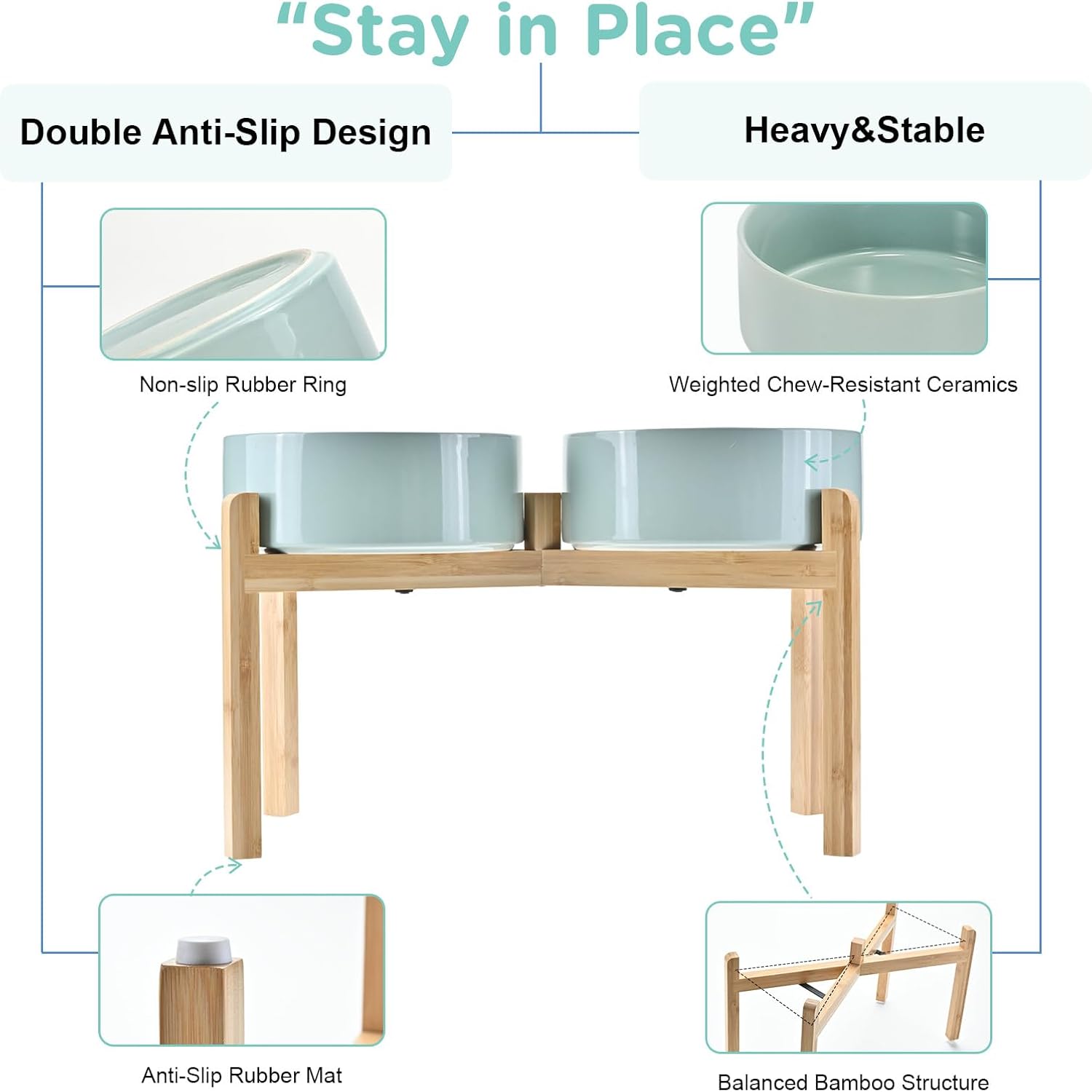 SPUNKYJUNKY Elevated Dog Bowls Ceramic, 8.3'' Dogs Food Water Bowls Raised with Non-Slip Bamboo Stand for Large Sized Breed Microwave Dishwasher Safe - 60 OZ,Light Green