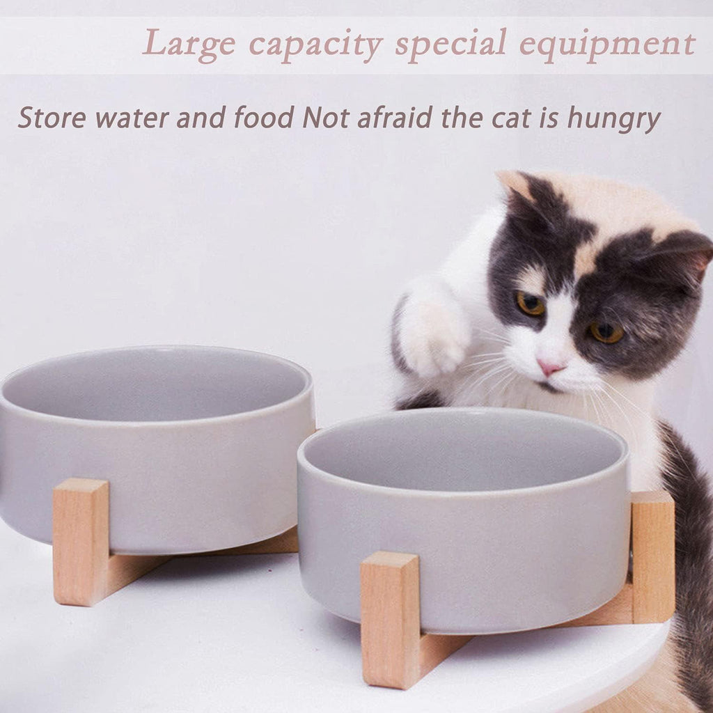 Petygooing Dog Bowls,Grey Ceramic Cat Dog Bowl Set with Wood Stand for Food and Water,Non-Slip Cute Modern Pet Dish Set for Cats and Medium Dogs (28OZ/6.1 in)