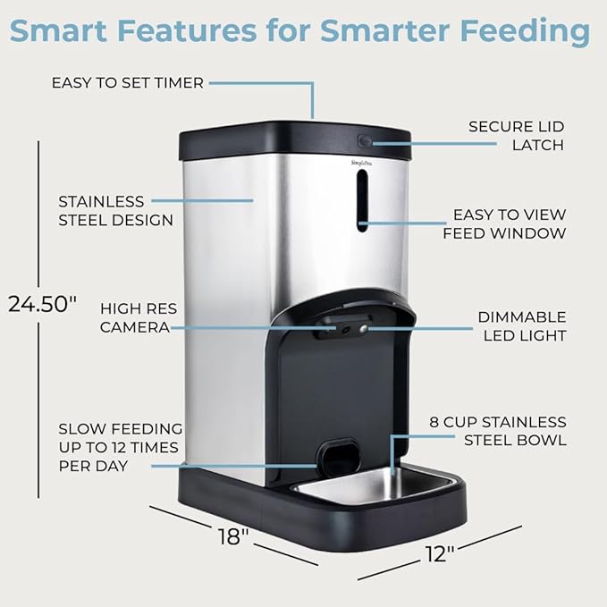 SMARTFeeder Large Capacity Automatic Dog and Cat Feeder – Stainless Steel Pet Food Dispenser with Wi-Fi App, Scheduled Feedings, Portion Control, HD Camera, Speaker & Microphone