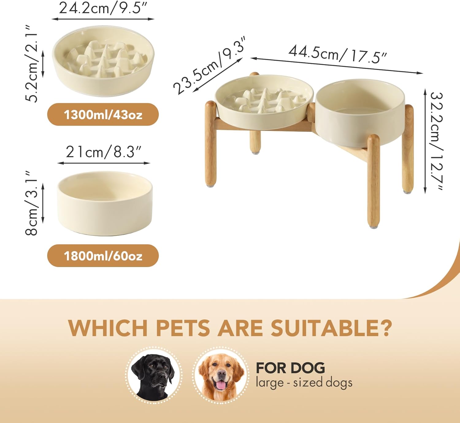 Ceramic Raised Slow Feeder Dog Bowl Set, Elevated 8.2inch Bowl and 9.5inch Slow Pet Food Dish with Wooden Stand for Large Dog (2 x Beige+ Stand)