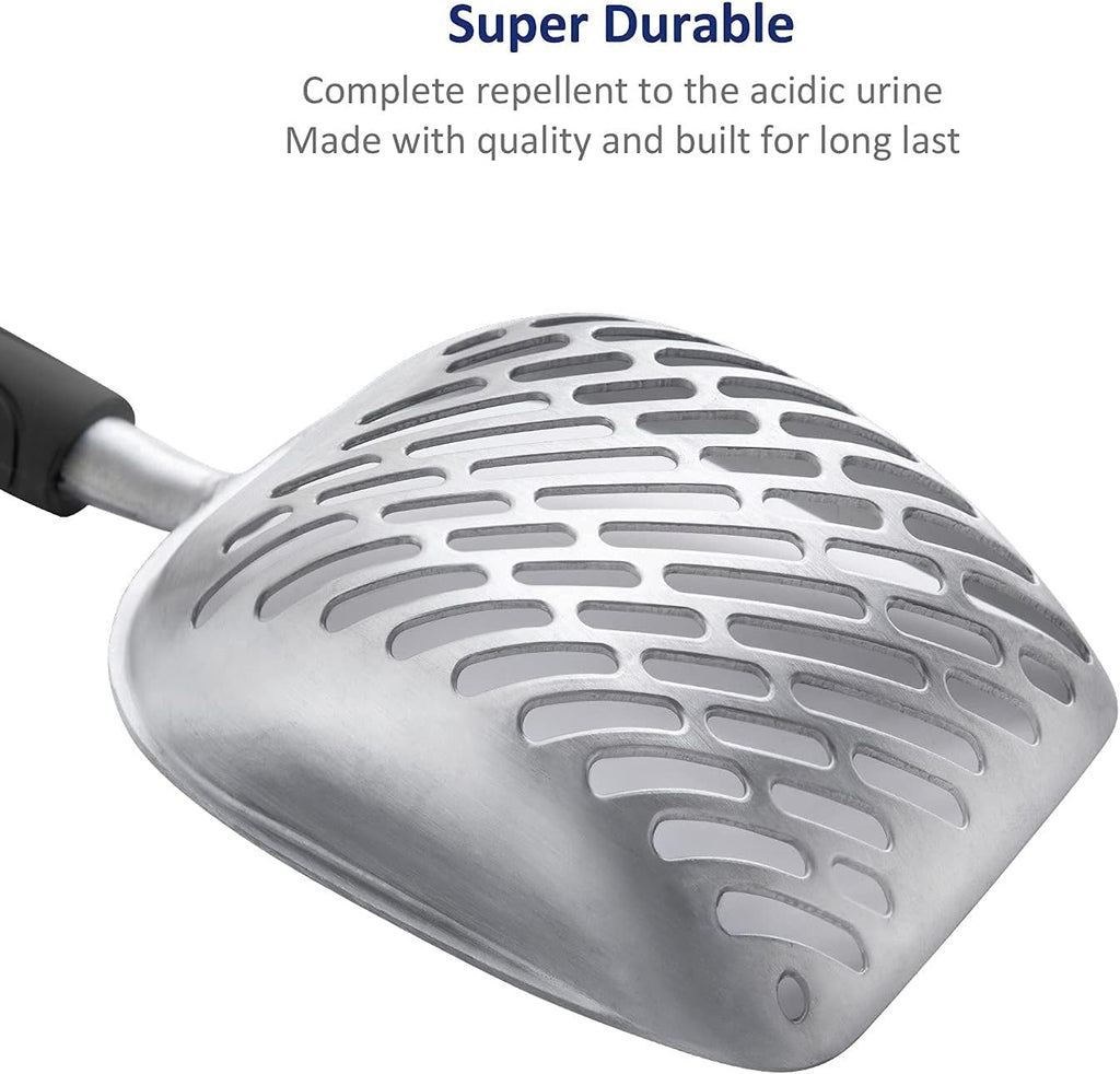 WePet Cat Litter Scoop, Aluminum Alloy Sifter, Kitty Metal Scooper, Deep Shovel with Diagonal Sifting Hole, Long Handle, Kitten Poop Lifter for Litter Box, Large Size, Black Handle