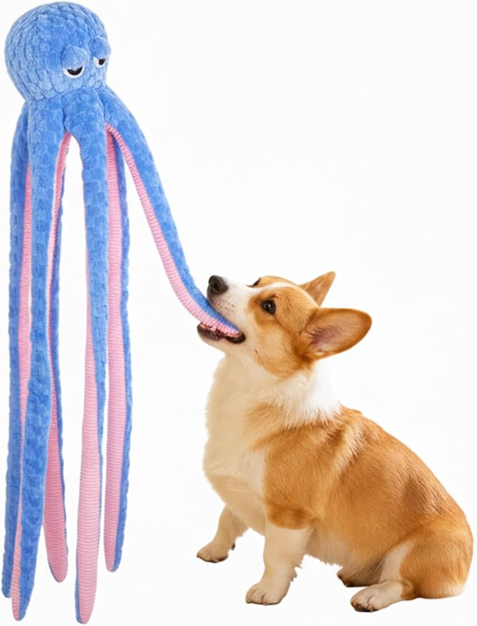1M Long Giant Octopus Tough Dog Toy - Squeaky Interactive Tug of War Chew Toy, Boredom Buster for Medium & Large Dogs (Blue)