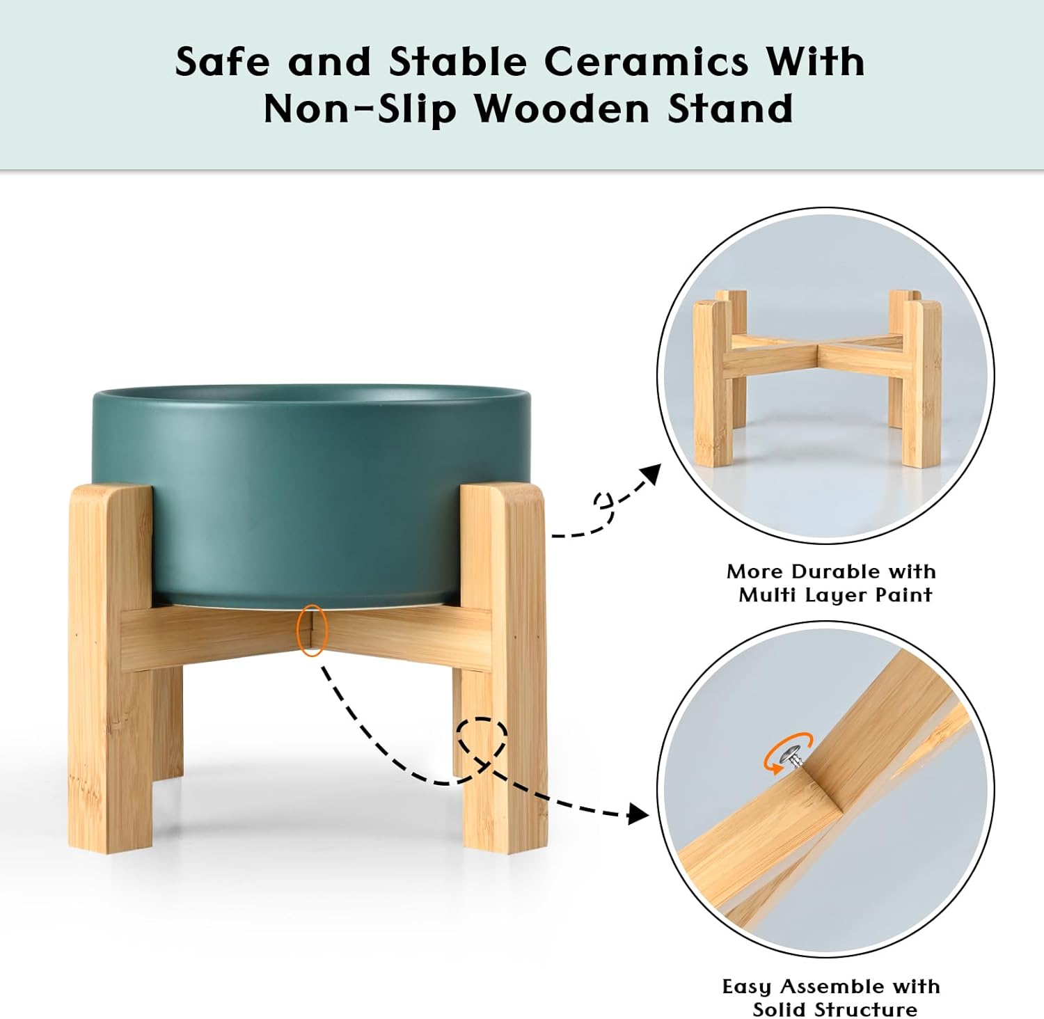 SPUNKYJUNKY Ceramic Elevated Dog Bowls 2 Pack - 8.3inch Raised Dog Bowls with Non-Slip Wooden Stand for Large Dogs Dishwasher Safe(Green,60OZ*2)