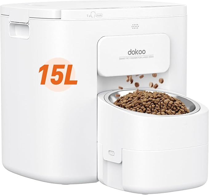 15L Automatic Dog Feeder for Large Breed, 2026 Vacuum-Sealed Storage Airtight 100% Freshness Timed Auto Dog Food Dispenser, Anti-Blockage System, Support up to 22mm Pet Food, Stainless Steel Bowl