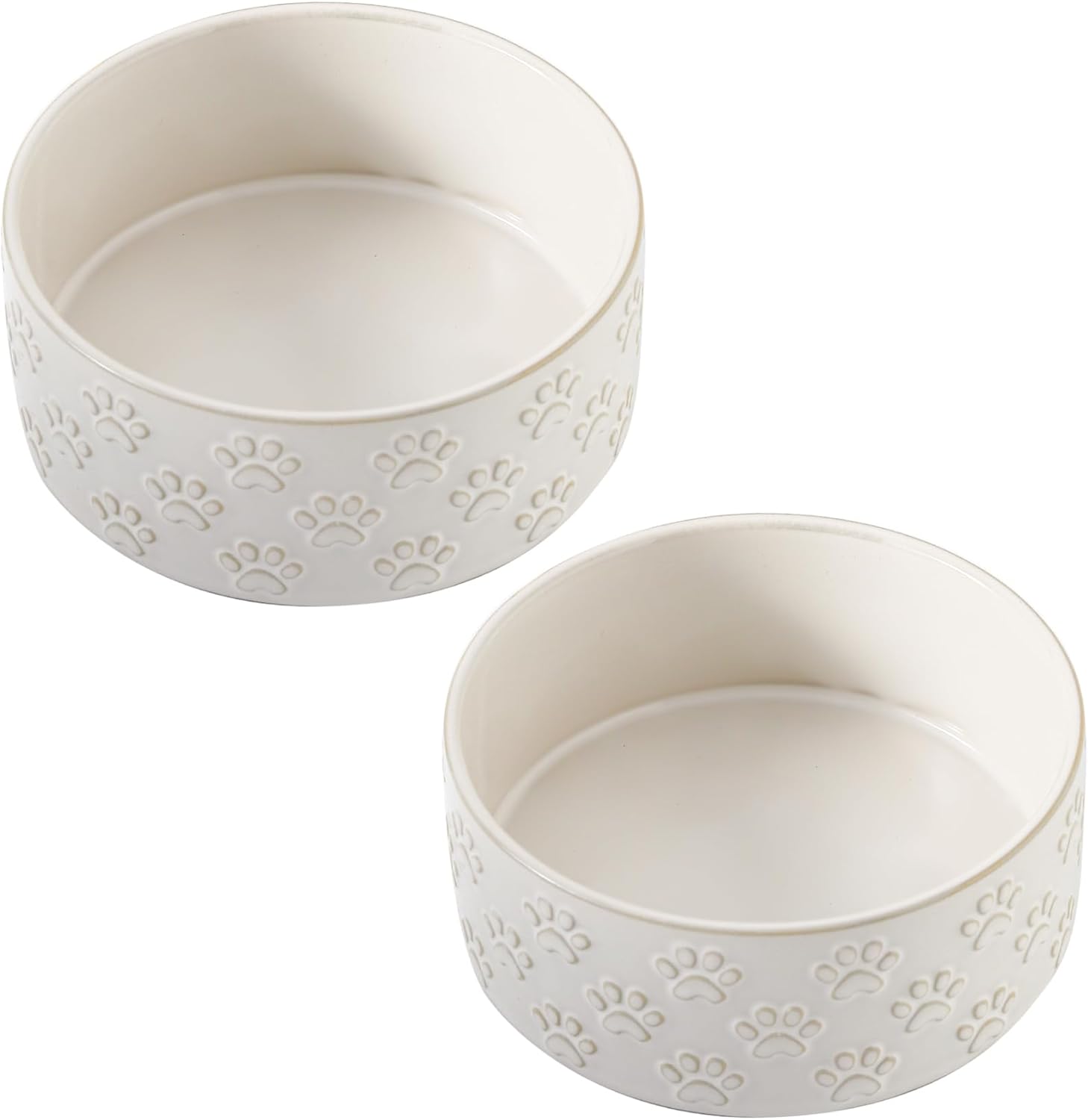 UBEE Ceramic Dog Bowl Set of 2, 5.1 inch Dog Dish Food Bowl with Paw Pattern, Pet Food Water Dish Feeding for Small Dogs and Large Cat, White