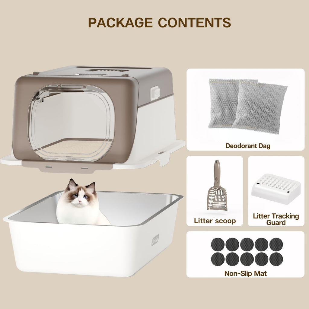 Stainless Steel Cat Litter Box with Lid, XX-Large Extra Large Litter Boxes for Large Cats,Enclosed Removable Metal Kitty Litter Box with High Sided,Magnetic Door,40L Box, Litter Trap Step/Mat