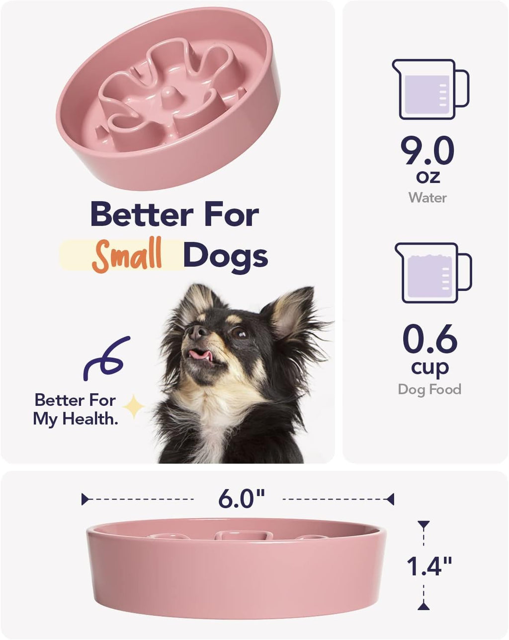 LE TAUCI Ceramic Slow Feeder Dog Bowls Small Breed, 0.6 Cups Dog Food Dish for Fast Eaters, Puzzle Bowl for Small Dogs and Cats,Pink Bloom