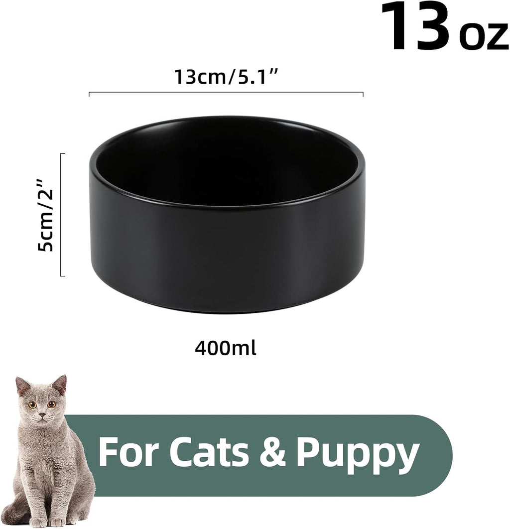 Ceramic 5.1inch Set of 2 Dog and Cat Bowls, Food and Water Feeder for Small Breed Dogs, Kitty, Cats, 2pcs Dog & Cat Dishes(2 Bowls, Black)