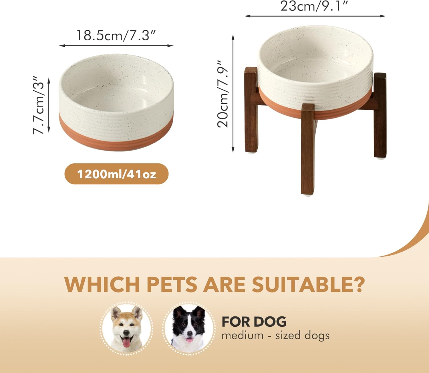 Ceramic 7.3inch Raised Dog Bowl Set, Elevated with Acacia Wood Stand, Food and Water Bowl for Medium Breed Dogs, Weighted Pet Dishes(41oz, Vanilla White)