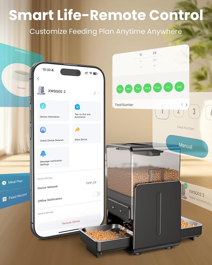 Automatic Cat Feeder with 5G WiFi for 2 Cats, Adjustable Height for Small Pets, Dual Bowls, 20 Cups/5L Dry Food Auto Pet Dispenser, Voice Record, Timed Cat Feeder with APP Control
