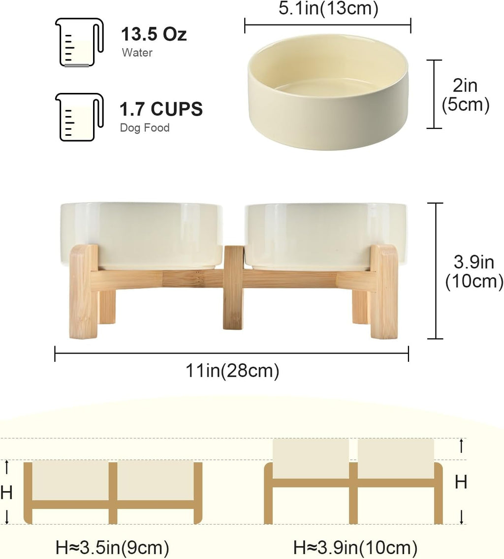 SPUNKYJUNKY Elevated Dog Bowls Ceramic, 5.1'' Dogs and Cat Food Water Bowls Raised with Non-Slip Bamboo Stand for Puppy Small Sized Breed Microwave Dishwasher Safe - 13.5 OZ,Beige
