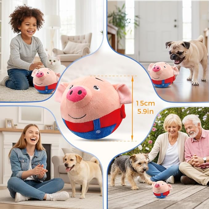 Interactive Dog Toys, 2026 New Active Moving Squeaky Dog Ball with Talking Sound, Rechargeable Washable Plush Toy (Blue Pig)