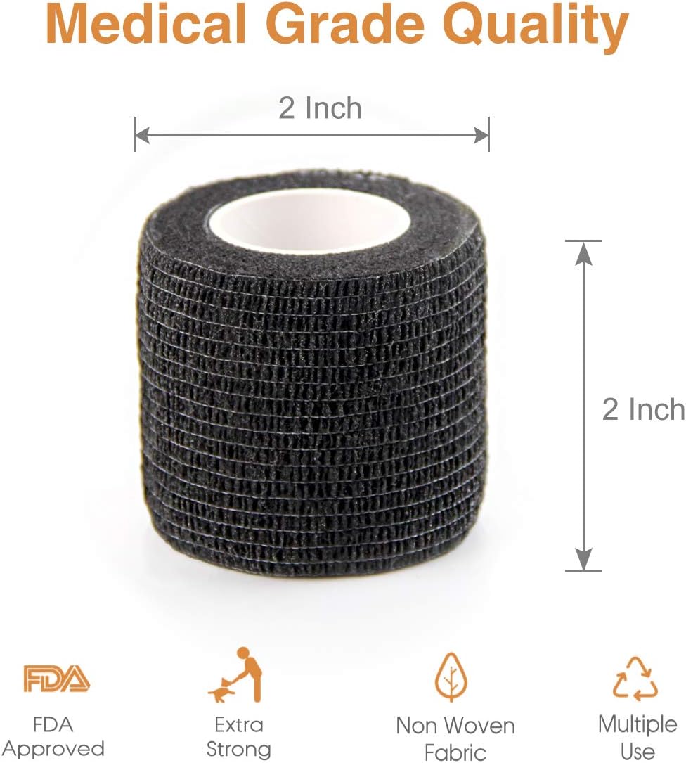 AUPCON Vet Wrap Cohesive Bandages Bulk Self Adhesive Bandage Wrap Self Adherent Wrap Non-Woven for Dogs Pet Animals & Ankle Sprains & Swelling 2 Inch x 5 Yards (2 Inch Black)