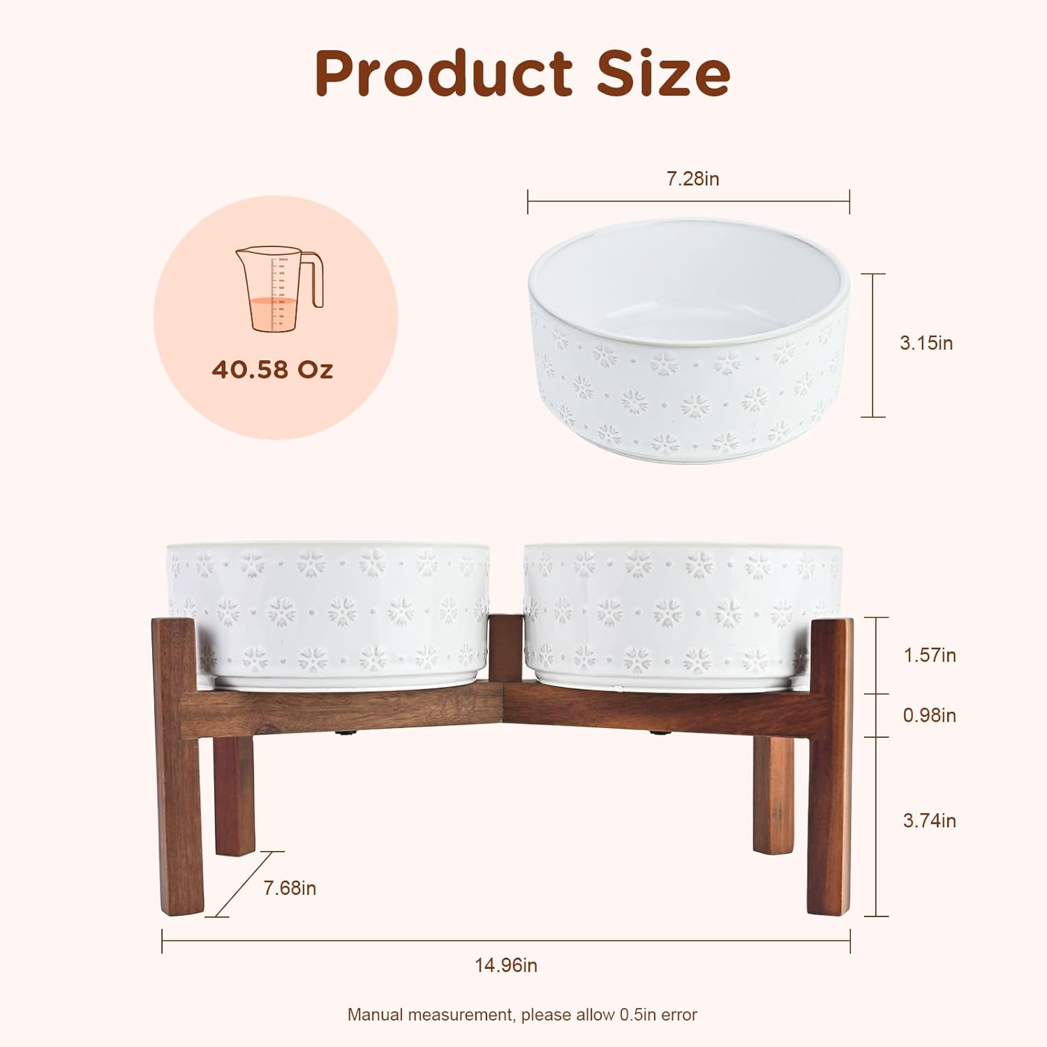 SPUNKYJUNKY Ceramic Dog Bowls Dog Bowl Set with Acacia Wood Stand Raised Dog Bowl Dog Food and Water Bowl for Small Medium Sized Dog (18.5cm)