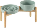 Ceramic Raised Slow Feeder Dog Bowl Set, Elevated 7.3inch Bowl and 8.2inch Puzzle Slow Dish with Wooden Stand for Medium and Large Dog, Anti-Gulping (2X Light Green+ Stand)