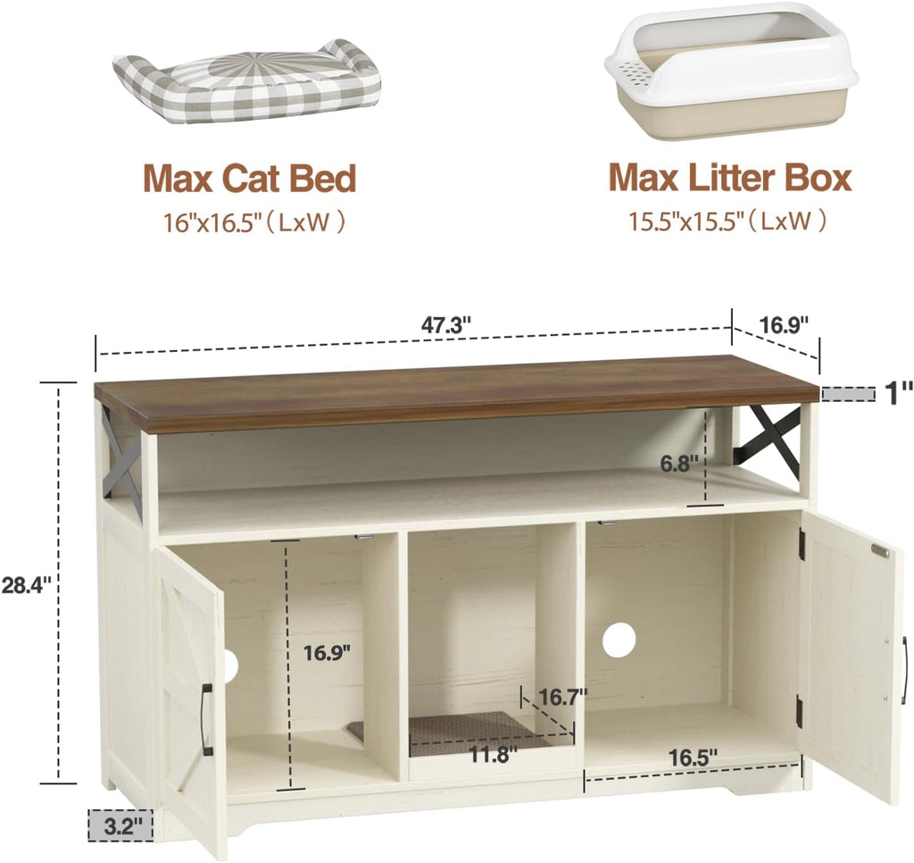 Cat Litter Box Enclosure for 2 Cats, 47" Double Hidden Litter Box Furniture with Scratch Pad, Farmhouse Indoor Litter Box Cabinet Cat Washroom, White