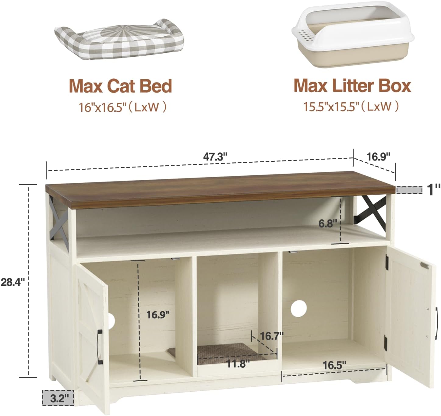 Cat Litter Box Enclosure for 2 Cats, 47" Double Hidden Litter Box Furniture with Scratch Pad, Farmhouse Indoor Litter Box Cabinet Cat Washroom, White