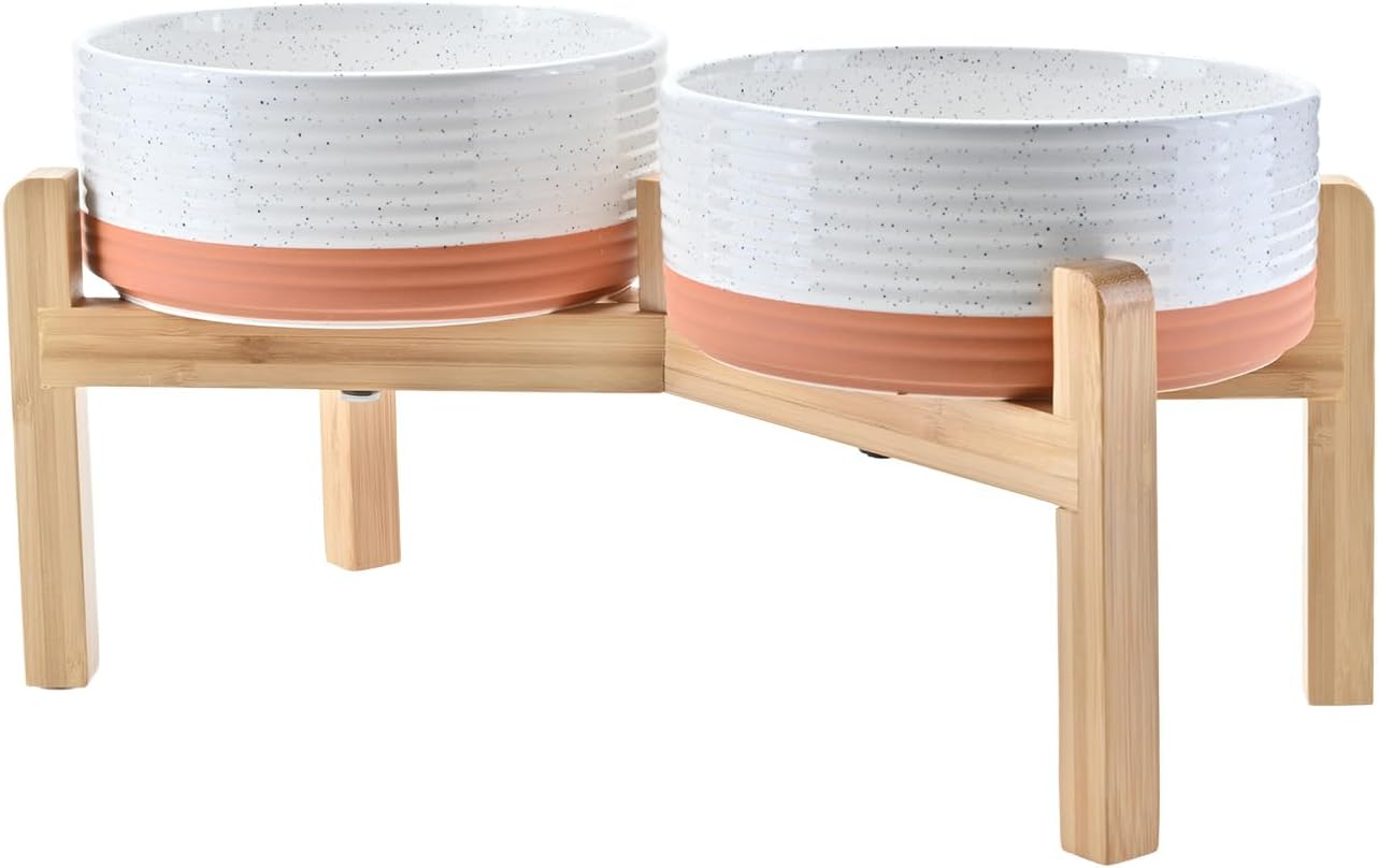 SPUNKYJUNKY Elevated Dog Bowls Ceramic, 7.3'' Dogs Food Water Bowls Raised with Non-Slip Bamboo Stand for Medium to Large Sized Breed Microwave Dishwasher Safe - 42 OZ,Pattern White