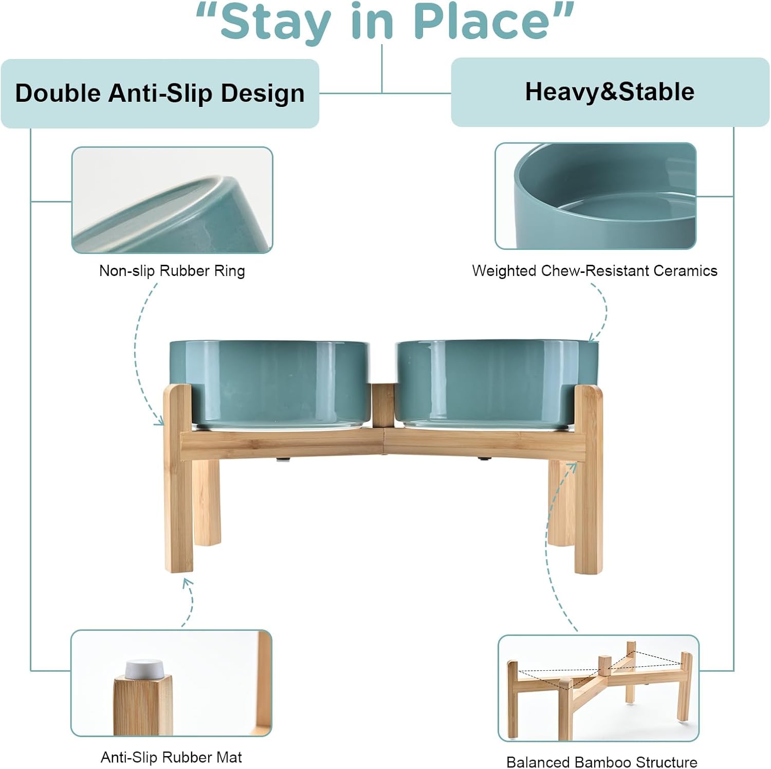 SPUNKYJUNKY Elevated Dog Bowls Ceramic, 7.3'' Dogs Food Water Bowls Raised with Non-Slip Bamboo Stand for Medium to Large Sized Breed Microwave Dishwasher Safe - 42 OZ,Dark Green