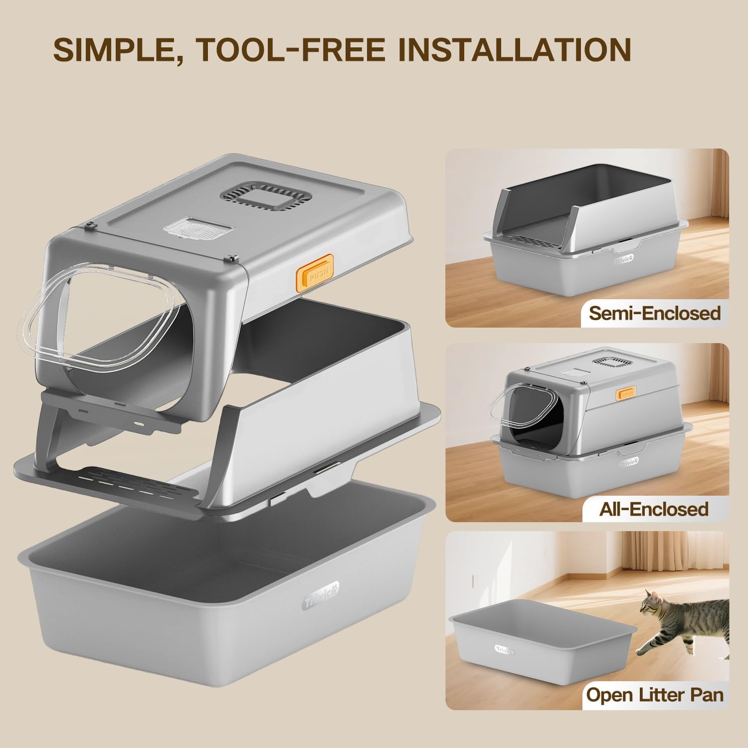 XX-Large Stainless Steel Cat Litter Box with Lid – Fully Enclosed Large Litter Box for Big Cats, Odor Control with Magnetic Door, Easy Clean, Multi-Cat Durable Metal Pan.(White-Gray)