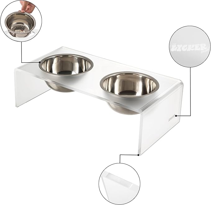 The LICKER Store DBL2000K Keaton 5" Small/Medium Modern Acrylic Rectangular Elevated Pet Feeder with 20oz 2-Stainless Steel Bowls, Moon White/Chrome