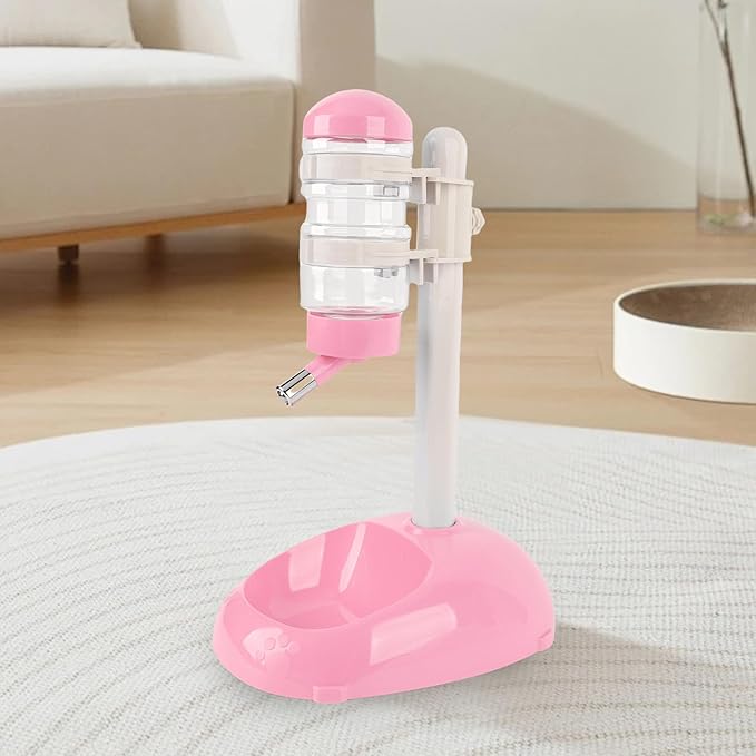 Pet Standing Water Dispenser, Height Adjustable Automatic Water Feeder Food Feeder Bowl, 500ml Dog Water Bottle Dispenser, Dog Cat Feeding Water Bowl Set (Pink)